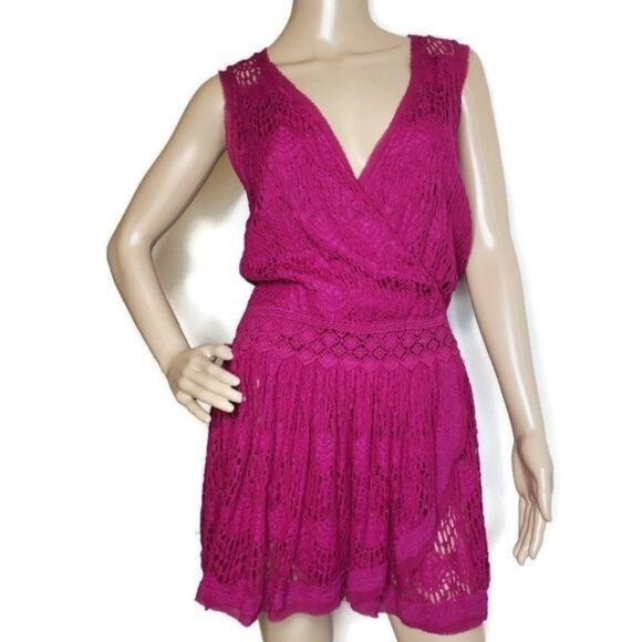 Free People Womens Magenta Lace Sleeveless V-Neck mini Dress Small - Picture 7 of 7